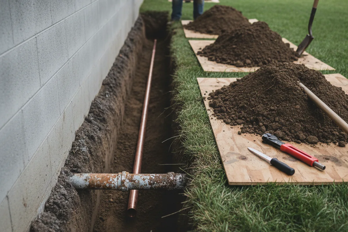 Excavated water line trench during Sewer Line Repair in Pooler
